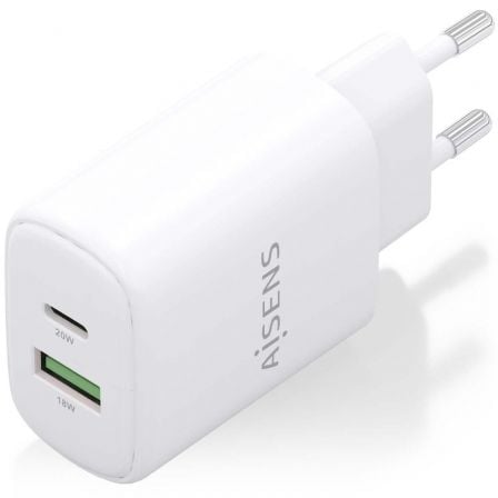 Cargador de Pared GaN Aisens A110-0909/ 1xUSB Tipo-C/ 1xUSB/ 20W/ Blanco