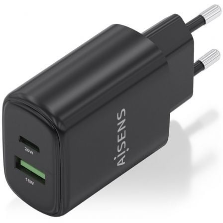 Cargador de Pared GaN Aisens A110-0910/ 1xUSB Tipo-C/ 1xUSB/ 20W/ Negro