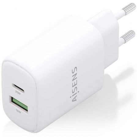 Cargador de Pared GaN Aisens A110-0911/ 1xUSB Tipo-C/ 1xUSB/ 25W/ Blanco
