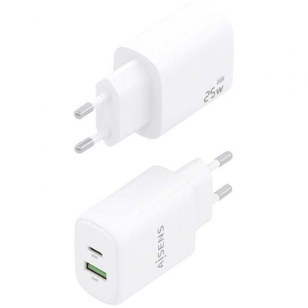 Cargador de Pared GaN Aisens A110-0911/ 1xUSB Tipo-C/ 1xUSB/ 25W/ Blanco