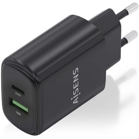 Cargador de Pared GaN Aisens A110-0912/ 1xUSB Tipo-C/ 1xUSB/ 25W/ Negro