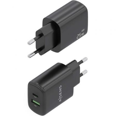Cargador de Pared GaN Aisens A110-0912/ 1xUSB Tipo-C/ 1xUSB/ 25W/ Negro