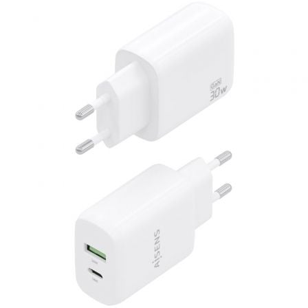 Cargador de Pared GaN Aisens A110-0923/ 1xUSB Tipo-C/ 1xUSB/ 30W/ Blanco