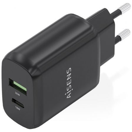 Cargador de Pared GaN Aisens A110-0924/ 1xUSB Tipo-C/ 1xUSB/ 30W/ Negro