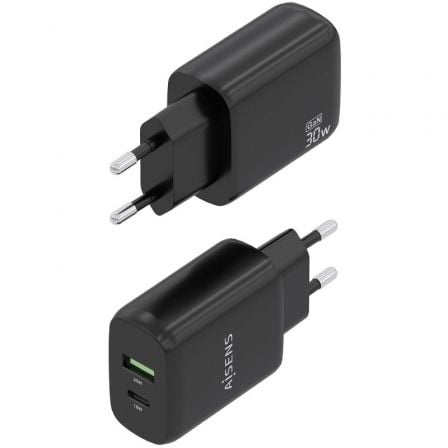 Cargador de Pared GaN Aisens A110-0924/ 1xUSB Tipo-C/ 1xUSB/ 30W/ Negro