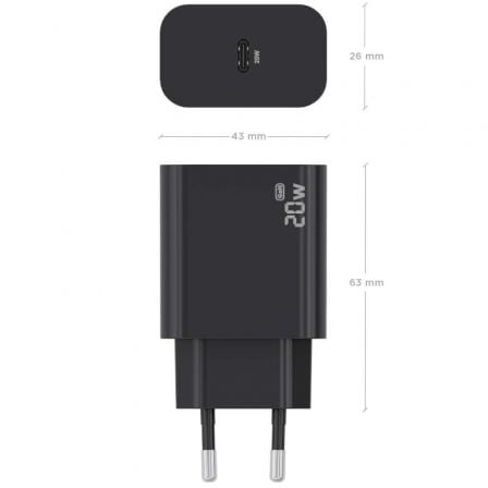 Cargador de Pared GaN Aisens A110-0939/ 1xUSB Tipo-C/ 20W/ Negro
