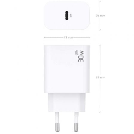 Cargador de Pared GaN Aisens A110-0940/ 1xUSB Tipo-C/ 30W/ Blanco