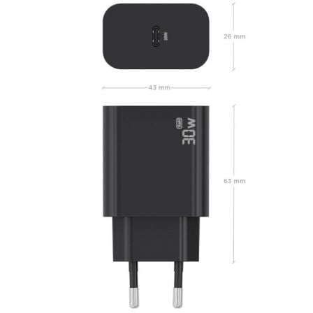 Cargador de Pared GaN Aisens A110-0941/ 1xUSB Tipo-C/ 30W/ Negro
