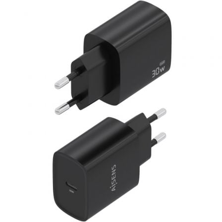 Cargador de Pared GaN Aisens A110-0951/ 1xUSB Tipo-C/ 30W/ Negro