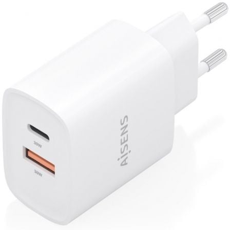 Cargador de Pared GaN Aisens A110-0952/ 1xUSB Tipo-C/ 1xUSB/ 30W/ Blanco