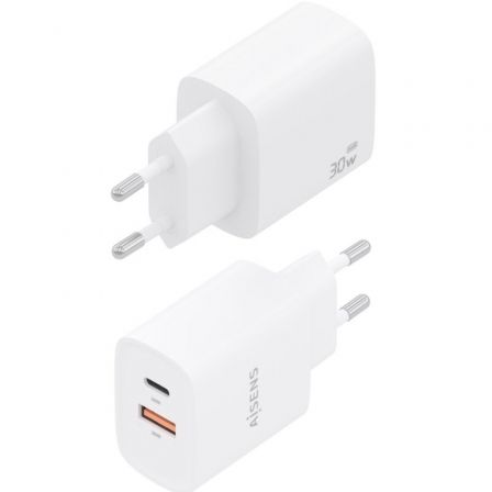 Cargador de Pared GaN Aisens A110-0952/ 1xUSB Tipo-C/ 1xUSB/ 30W/ Blanco
