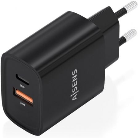 Cargador de Pared GaN Aisens A110-0953/ 1xUSB Tipo-C/ 1xUSB/ 30W/ Negro