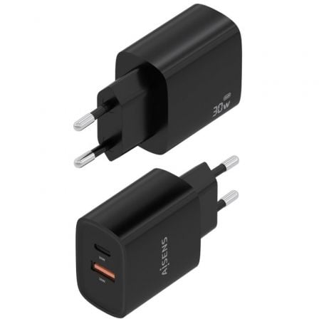 Cargador de Pared GaN Aisens A110-0953/ 1xUSB Tipo-C/ 1xUSB/ 30W/ Negro
