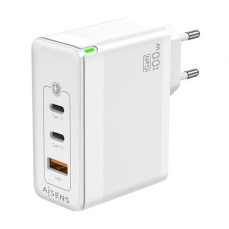 Cargador de Pared GaN Aisens ASCH-100W3P008-W/ 2xUSB Tipo-C/ 1x USB/ 100W