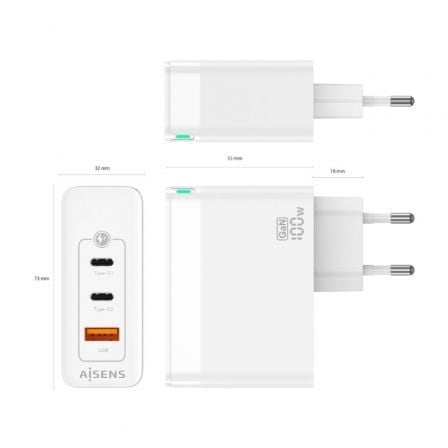 Cargador de Pared GaN Aisens ASCH-100W3P008-W/ 2xUSB Tipo-C/ 1x USB/ 100W