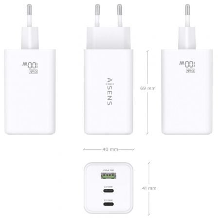 Cargador de Pared GaN Aisens ASCH-100W3P051-W/ 2xUSB Tipo-C/ 1xUSB/ 100W