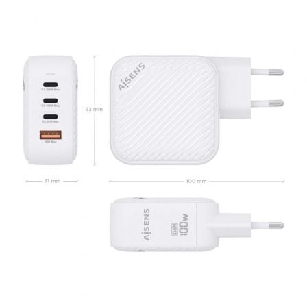 Cargador de Pared GaN Aisens ASCH-100W4P028-W/ 3xUSB Tipo-C/ 1x USB/ 100W