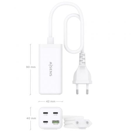 Cargador Sobremesa GaN Aisens ASCH-100W4P053-W/ 3xUSB Tipo-C/ 1xUSB/ 100W