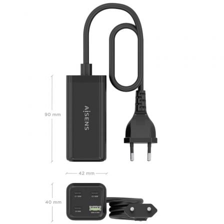 Cargador Sobremesa GaN Aisens ASCH-100W4P054-BK/ 3xUSB Tipo-C/ 1xUSB/ 100W