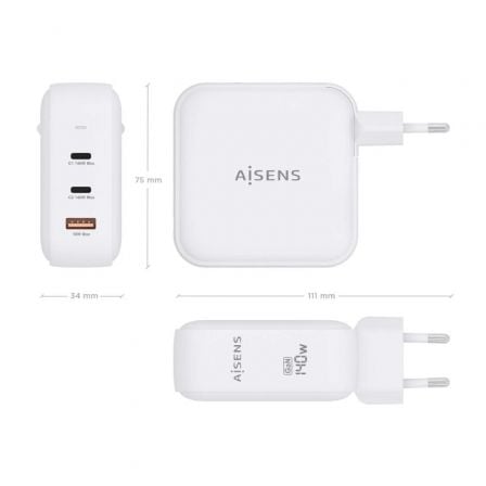 Cargador de Pared GaN Aisens ASCH-140W3P030-W/ 2xUSB Tipo-C/ 1xUSB/ 140W