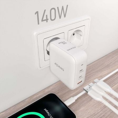 Cargador de Pared GaN Aisens ASCH-140W3P030-W/ 2xUSB Tipo-C/ 1xUSB/ 140W