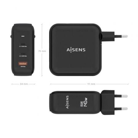 Cargador de Pared GaN Aisens ASCH-140W3P031-BK/ 2xUSB Tipo-C/ 1xUSB/ 140W