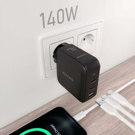 Cargador de Pared GaN Aisens ASCH-140W3P031-BK/ 2xUSB Tipo-C/ 1xUSB/ 140W