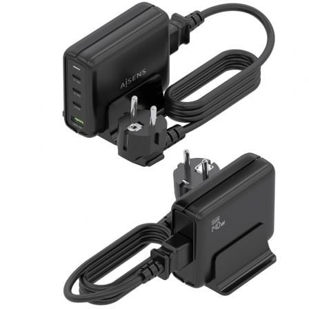 Cargador Sobremesa GaN Aisens ASCH-140W4P056-BK/ 3xUSB Tipo-C/ 1xUSB/ 140W