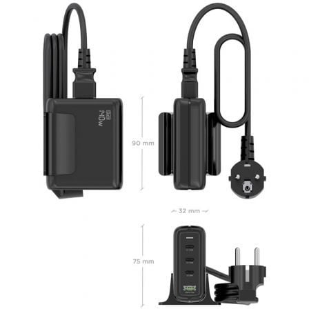 Cargador Sobremesa GaN Aisens ASCH-140W4P056-BK/ 3xUSB Tipo-C/ 1xUSB/ 140W