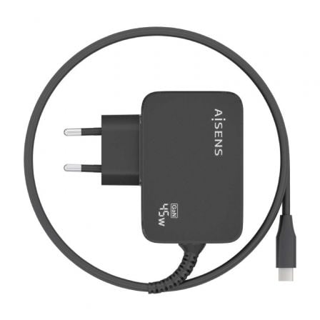 Cargador de Pared GaN Aisens ASCH-1PD45WL032-BK/ 1xUSB Tipo-C + Cable 1.8m/ 45W
