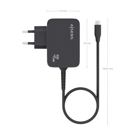Cargador de Pared GaN Aisens ASCH-1PD45WL032-BK/ 1xUSB Tipo-C + Cable 1.8m/ 45W