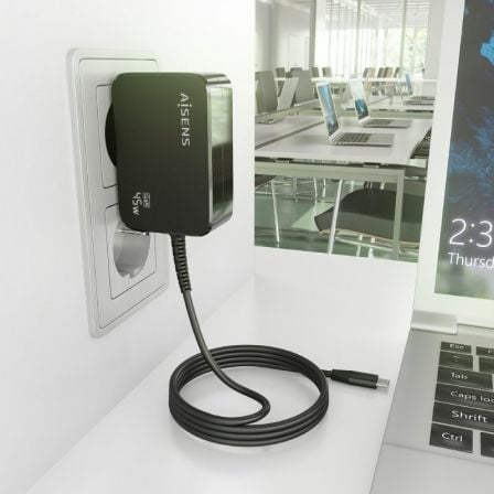 Cargador de Pared GaN Aisens ASCH-1PD45WL032-BK/ 1xUSB Tipo-C + Cable 1.8m/ 45W