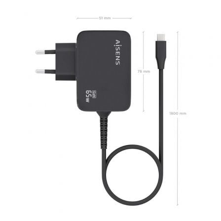 Cargador de Pared GaN Aisens ASCH-1PD65WL033-BK/ 1xUSB Tipo-C + Cable 1.8m/ 65W