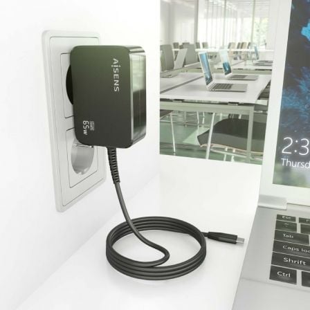 Cargador de Pared GaN Aisens ASCH-1PD65WL033-BK/ 1xUSB Tipo-C + Cable 1.8m/ 65W