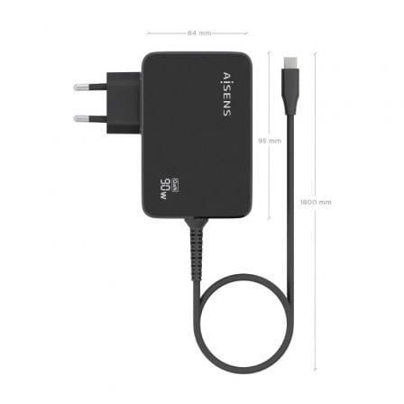 Cargador de Pared GaN Aisens ASCH-1PD90WL034-BK/ 1xUSB Tipo-C + Cable 1.8m/ 90W