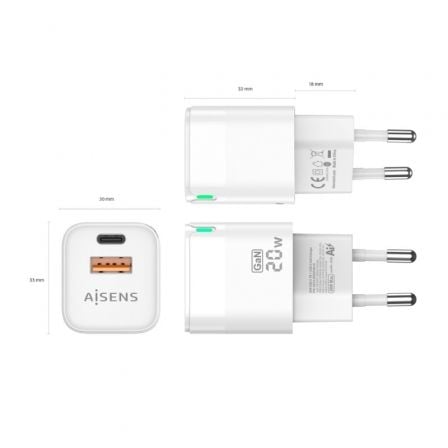 Cargador de Pared GaN Aisens ASCH-20W2P002-W/ 1xUSB Tipo-C/ 1xUSB/ 20W