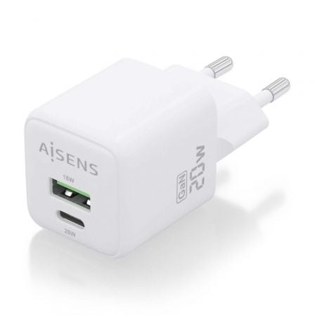 Cargador de Pared GaN Aisens ASCH-20W2P010-W/ 1xUSB Tipo-C/ 1xUSB/ 20W