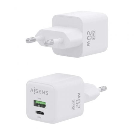 Cargador de Pared GaN Aisens ASCH-20W2P010-W/ 1xUSB Tipo-C/ 1xUSB/ 20W