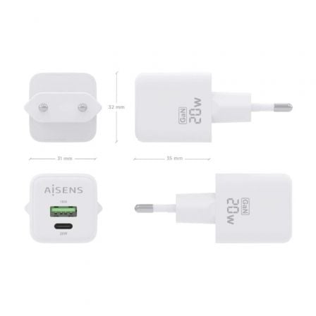 Cargador de Pared GaN Aisens ASCH-20W2P010-W/ 1xUSB Tipo-C/ 1xUSB/ 20W