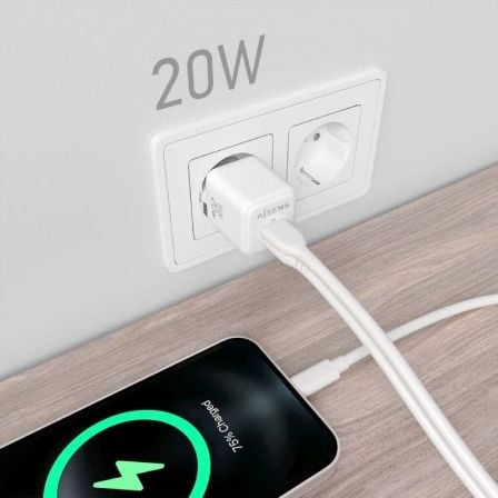 Cargador de Pared GaN Aisens ASCH-20W2P010-W/ 1xUSB Tipo-C/ 1xUSB/ 20W