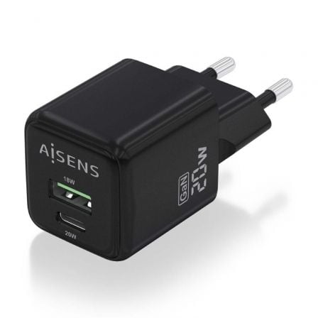 Cargador de Pared GaN Aisens ASCH-20W2P011-BK/ 1xUSB Tipo-C/ 1xUSB/ 20W