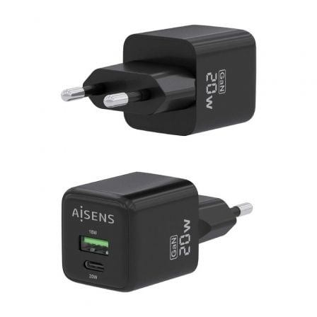 Cargador de Pared GaN Aisens ASCH-20W2P011-BK/ 1xUSB Tipo-C/ 1xUSB/ 20W