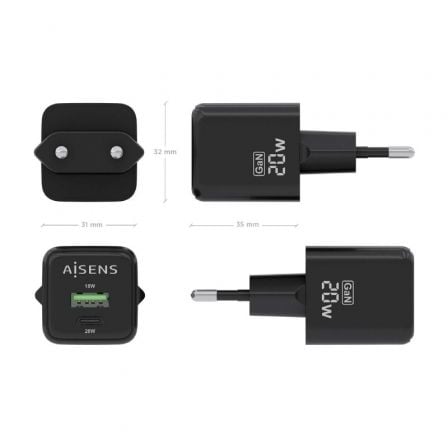 Cargador de Pared GaN Aisens ASCH-20W2P011-BK/ 1xUSB Tipo-C/ 1xUSB/ 20W
