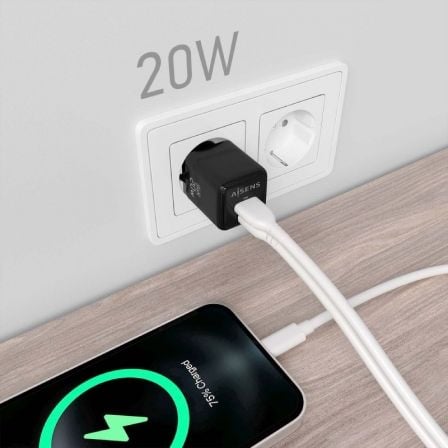 Cargador de Pared GaN Aisens ASCH-20W2P011-BK/ 1xUSB Tipo-C/ 1xUSB/ 20W