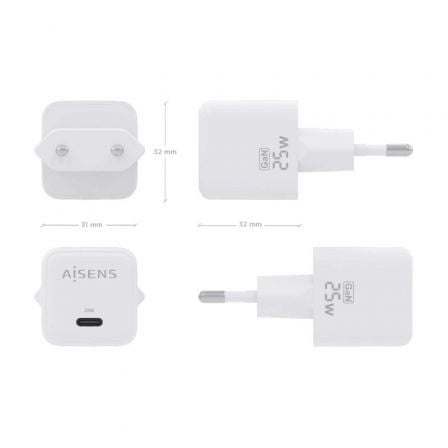 Cargador de Pared GaN Aisens ASCH-25W1P012-W/ 1xUSB Tipo-C/ 25W