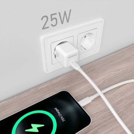 Cargador de Pared GaN Aisens ASCH-25W1P012-W/ 1xUSB Tipo-C/ 25W