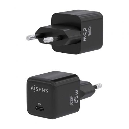 Cargador de Pared GaN Aisens ASCH-25W1P013-BK/ 1xUSB Tipo-C/ 25W