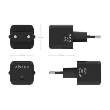 Cargador de Pared GaN Aisens ASCH-25W1P013-BK/ 1xUSB Tipo-C/ 25W