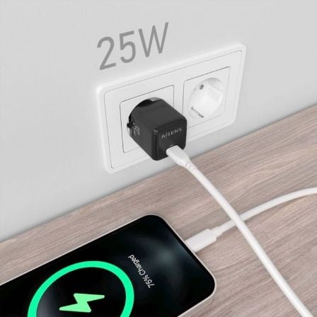 Cargador de Pared GaN Aisens ASCH-25W1P013-BK/ 1xUSB Tipo-C/ 25W