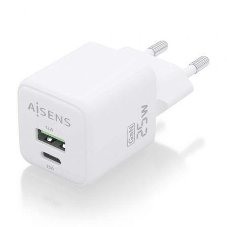 Cargador de Pared GaN Aisens ASCH-25W2P014-W/ 1xUSB Tipo-C/ 1xUSB/ 25W